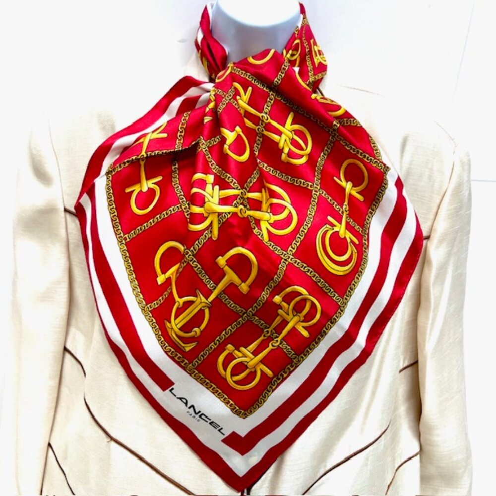 New Unused Lancel Paris 100% Silk Satin Scarf 23" red white gold chain  (77